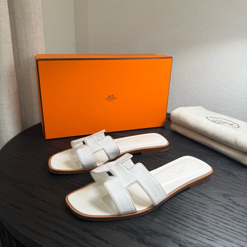 Hermes Oran Sandals Leather White 37